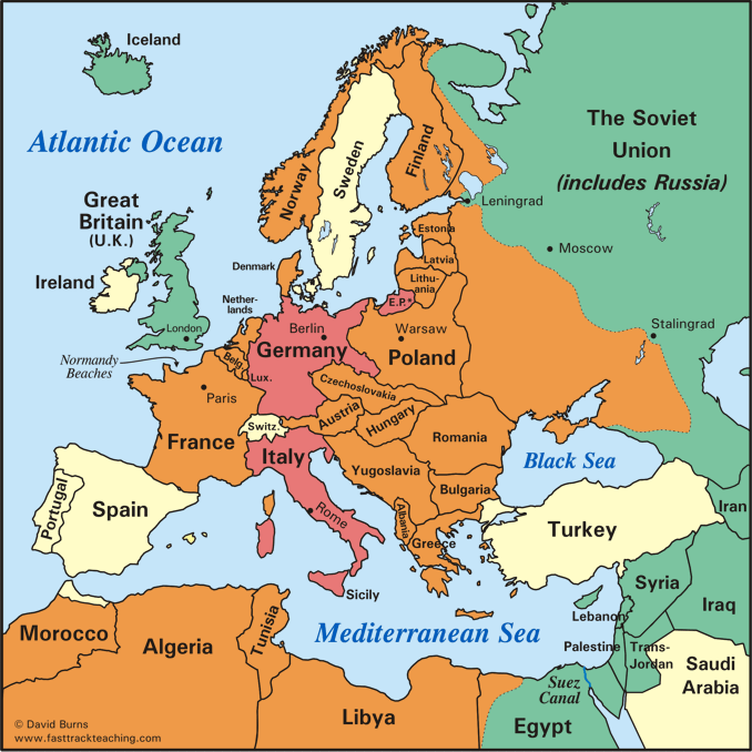 Axis Aggression in Europe map - World War Two - WWII