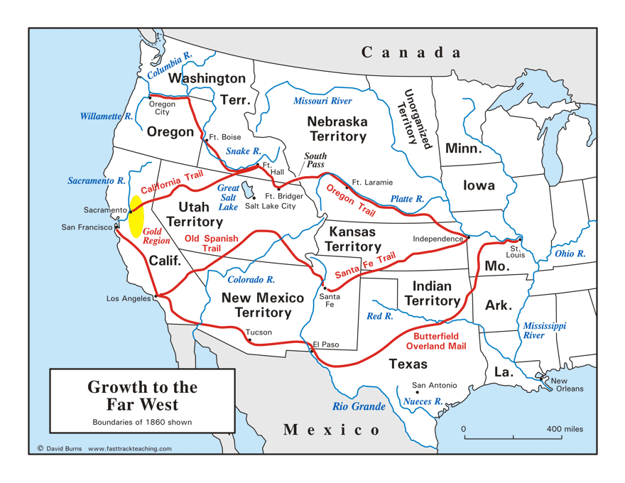 Map - Growth to the Far West - Western territories and trails to the West - Oregon Trail - California Trail