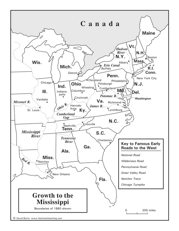 Fasttrack to America's Past - Section 4 - The Growing Years 1800 - 1860 - Growth to the Mississippi - map page