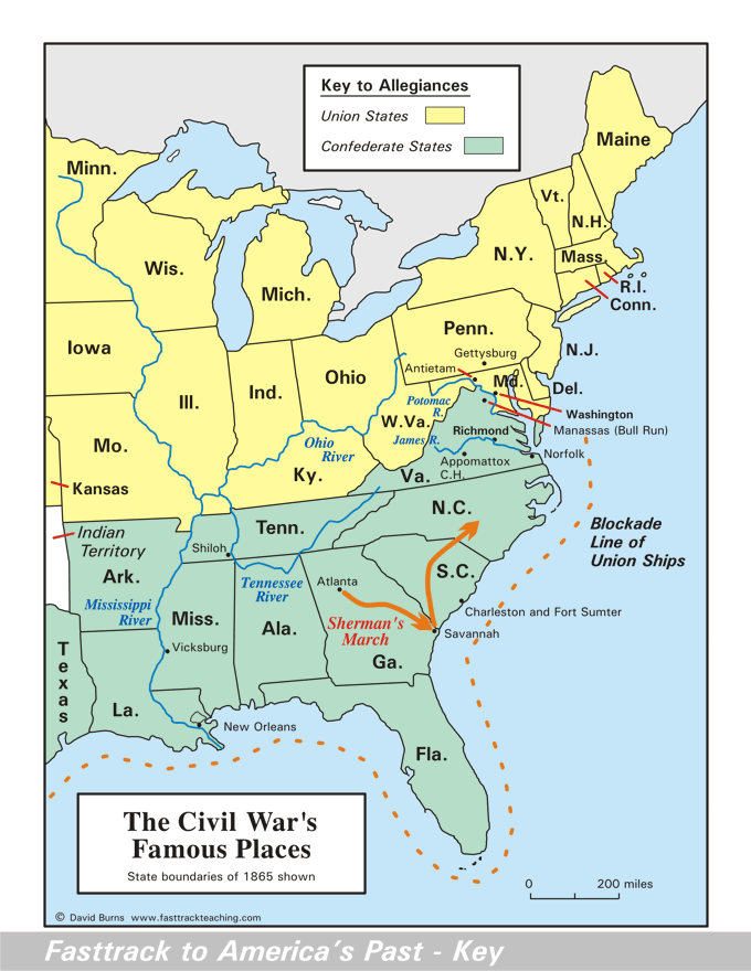 Civil War Map - The Civil War's Famous Places - Union and Confederacy map - 1865