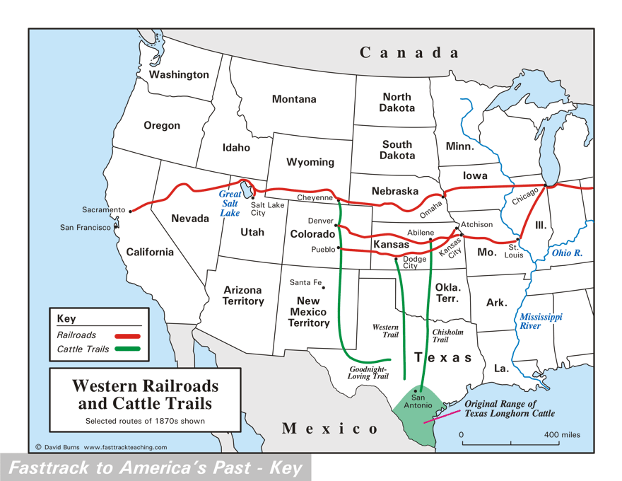 Western Railroads and Cattle Trails map - 1870s - U.S.