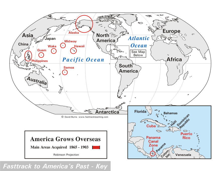 America Grows Overseas map - 1865 - 1903 - Panama Canal Zone - Phillippines, Guam, Puerto Rico