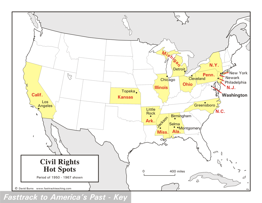 Civil Rights Hot Spots map - U.S. 1950 - 1967