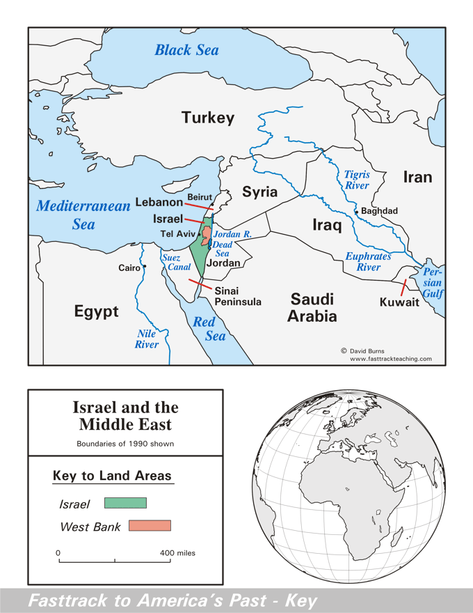 Israel and the Middle East map - 1990 boundaries - West Bank - Jordan River