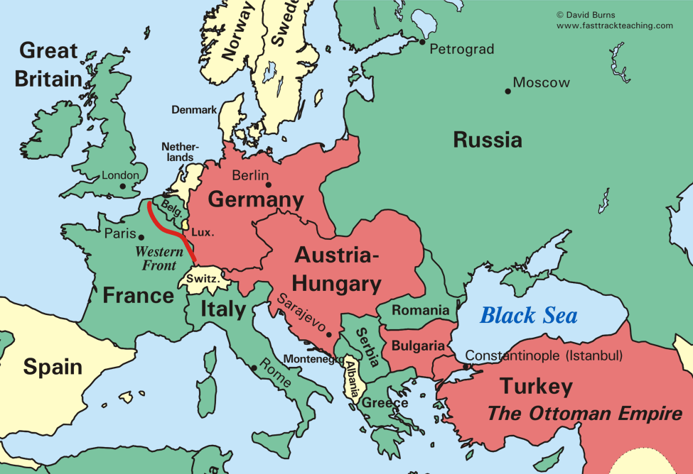 Europe in WWI map close up - Western Front